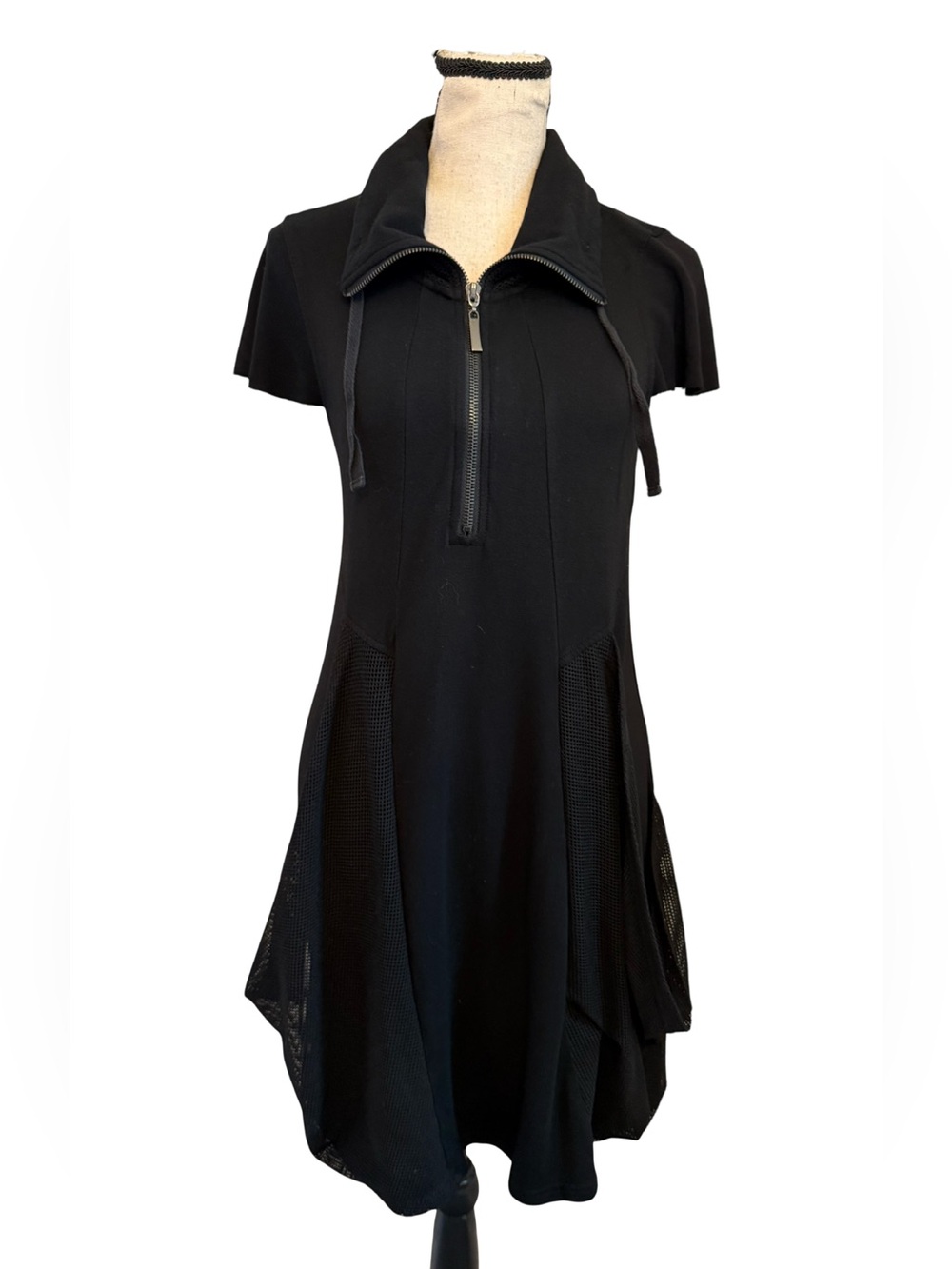 Philosophy Republic Black Mesh Paneled Zip Front Tunic Dress Short Sleeve S